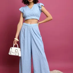 Vishudh Blue Embroidered V-Neck Crop Top with Embroidered Palazzo-image-80