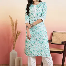 Inddus Green Round Neck Ethnic Motifs Printed Chikankari Straight Kurta with Palazzos-image-52