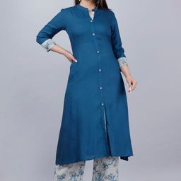 MAUKA Women Teal solid Kurta with printed Palazzos-picture-17