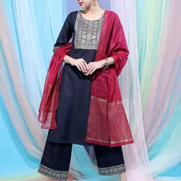 Vishudh Navy Blue Ethnic Motifs Yoke Design Straight Kurta With Palazzos & Dupatta-picture-33