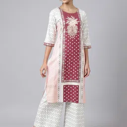 AURELIA Women Red Ethnic Motifs Printed Thread Work Kurta with Palazzos-picture-3