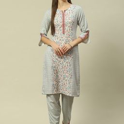 Rangriti Ethnic Motifs Printed Notched Neck Regular Kurta with Trousers-image-8