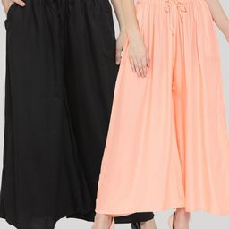 Clora Creation Women Pack Of 2 Black & Peach-Coloured Solid Palazzos-3