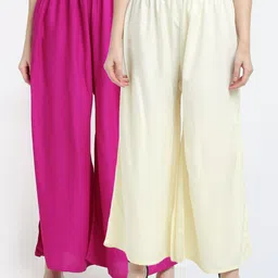 TAG 7 Women Set Of 2 Cream-Coloured & Magenta Flared Ethnic Palazzos-11