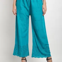 Miaz Lifestyle Women Turquoise Blue Floral Embroidered Straight Palazzos-picture-36