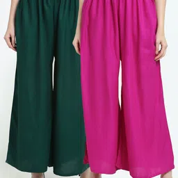 TAG 7 Women Pack Of 2 Green & Pink Solid Flared Palazzos-image-7