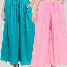 Clora Creation Women Set Of 2 Turquoise Blue & Pink Solid Flared Palazzos-image-23