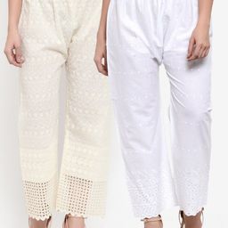Miaz Lifestyle Women Pack Of 2 White & Cream Embroidered Pure Cotton Straight Palazzos-image-95