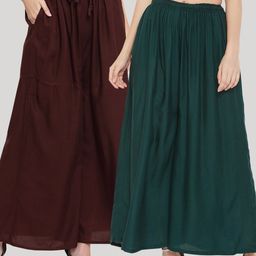 Clora Creation Women Pack of 2 Maroon & Green Solid Flared Palazzos-image-44
