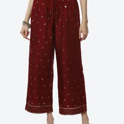Biba Women Maroon & Silver-Toned Printed Palazzos-5