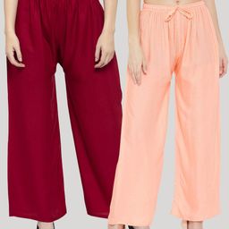Clora Creation Women Pack Of 2 Peach-Coloured & Red Solid Palazzos-image-34