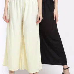 TAG 7 Women Pack Of 2 Off White & Black Solid Flared Palazzos-image-64