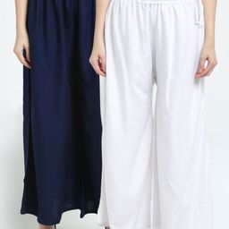 TAG 7 Women Pack of 2 White & Navy Blue Flared Palazzos-image-97