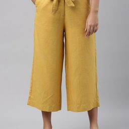 Go Colors Women Mustard Solid Linen Mid Rise Culottes-picture-24