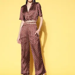 ANVI Be Yourself Brown Polka Dot Printed Satin Top & Palazzo-image-35