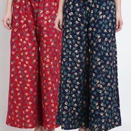 GRACIT Women Maroon & Navy Blue Set Of 2 Floral Printed Flared Knitted Palazzos-image-72