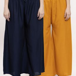 Miaz Lifestyle Women Mustard Yellow & Navy Blue Set Of 2 Palazzos-18