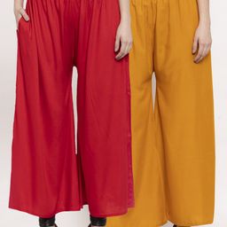 Miaz Lifestyle Women Set Of 2 Mustard Yellow & Red Ethnic Motifs Flared Palazzos-13