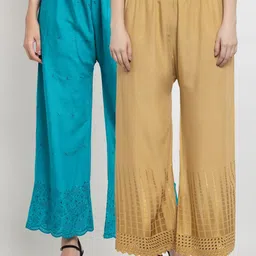 Miaz Lifestyle Women Blue & Beige 2 Flared Knitted Palazzos-image-26