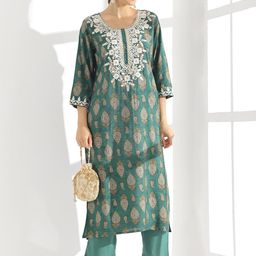 Anouk Green Ethnic Motifs Printed Thread Work Detailed Straight Kurta With Palazzo-picture-30