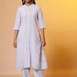 AURELIA Striped Regular Pure Cotton Round Neck Straight Kurta with Palazzos-2