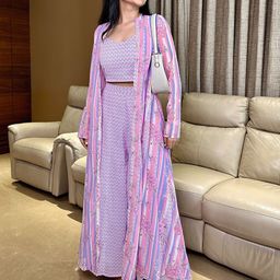 Janasya Paisley Printed Sweetheart Neck Georgette Top With Palazzos & Jacket-image-59