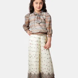 Peppermint Girls Floral Printed Tie-Up Neck Puff Sleeve Clothing Set-image-34