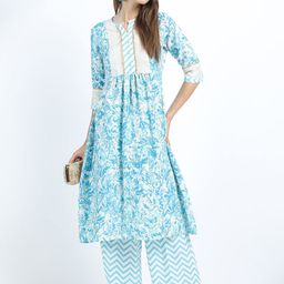 Vishudh Women Turquoise Blue Printed Pleated Kurti with Palazzos-14