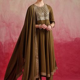 Khushal K Embroidered Round Neck Three-Quarter Sleeves Sequinned Kurta Set-image-66