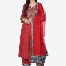 Biba Women Coral Ethnic Motifs Printed A-Line Kurti with Palazzos & Dupatta-picture-48