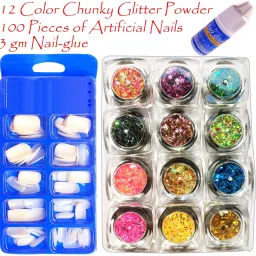 Ultrathin Chunky Glitter Powder Multicolour + 100 Artificial Nails + Nail-Glue-15
