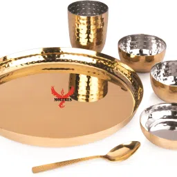 Pack of 6 Stainless Steel, Gold Plated -Royal Hammer Gold Dinner Set -Includes 1 Thali,2 Bowls,1 Plate,1 Spoon,1 Glass Dinner Set-19