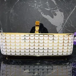 Premium Designer Table Top Counter Top Golden Wash Basin Gold Ceramic Wash Basin L-4005(L41 X W31.5 X H13.5Cm) Very Stylish Bathroom Golden Ceramic Wash Basin Table Top Basin-image-97