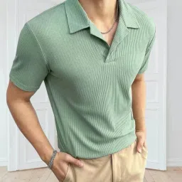 Men Self Design Polo Neck Cotton Blend Green T-Shirt-image-104
