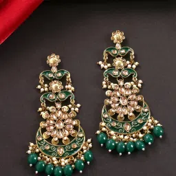 Ethnic Gold Plated Green Meenakari Traditional Kundan Studded Floral Design Pearl Chandbali Earrings for Women and Girls Beads Copper Chandbali Earring-image-2