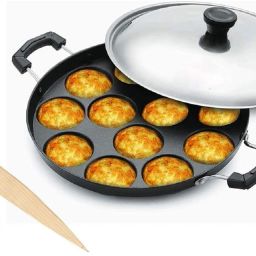 Non-Stick 12 Cavity Appam Patra, Appey Maker with Steel Lid & Scrubber K5 Paniarakkal with Lid 1 L capacity 23 cm diameter-image-42